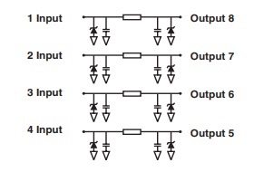 The functional diagram of a 4-line EMI and ESD protection IC, ST EMIF04-1005M8 The functional diagram of a 4-line EMI and ESD protection IC, ST EMIF04-1005M8