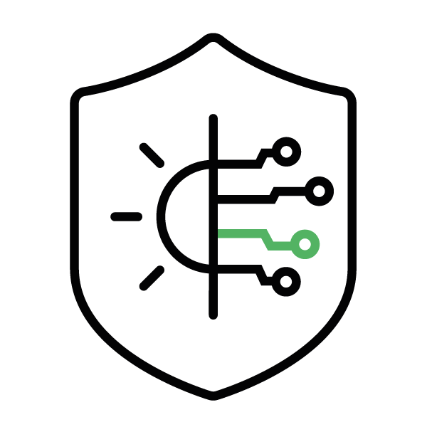 A shield with a sun and integrated circuit icons inside
