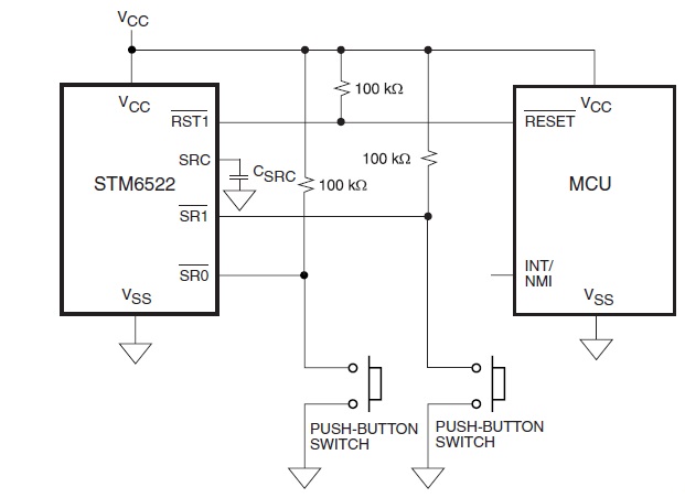 The ST STM6522 configured to provide a dual-input smart reset function The ST STM6522 configured to provide a dual-input smart reset function