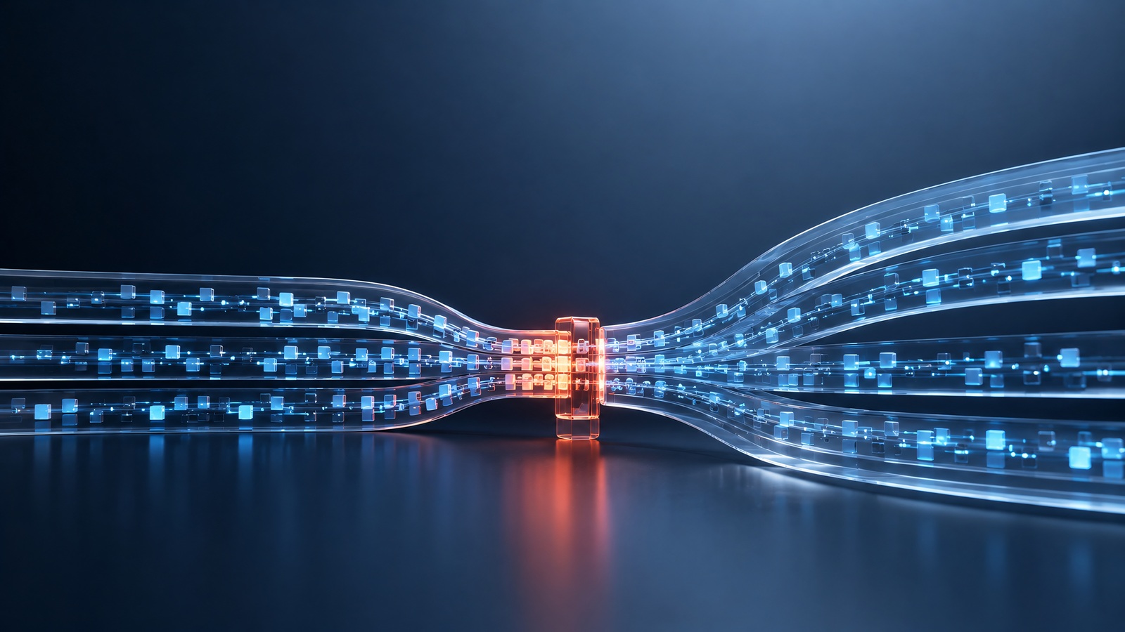 Conceptual illustration of data streams passing through a narrow bottleneck, representing memory bandwidth limitations and latency challenges in edge AI systems