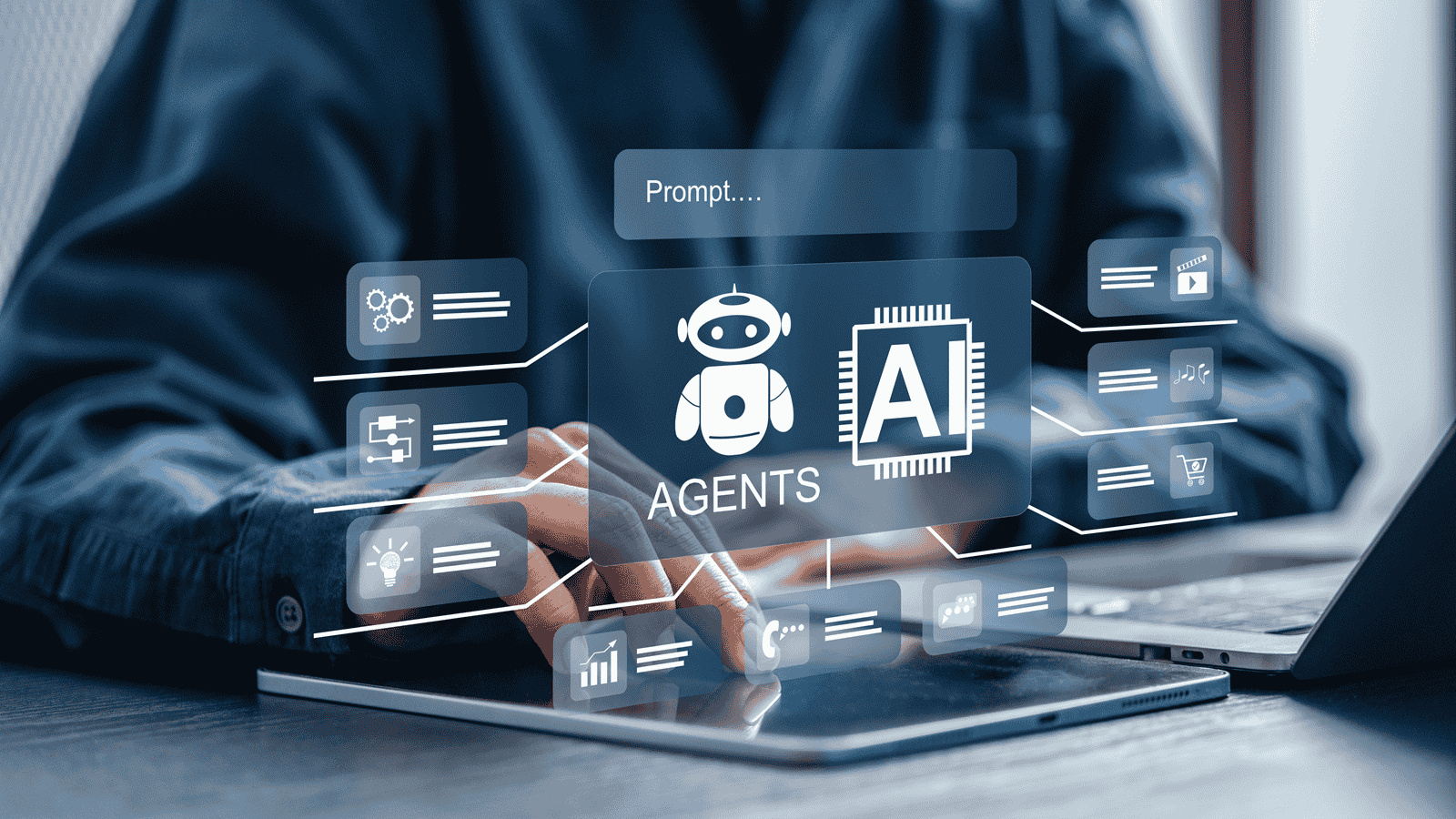 AI Agent iconography coming out of a smart tablet