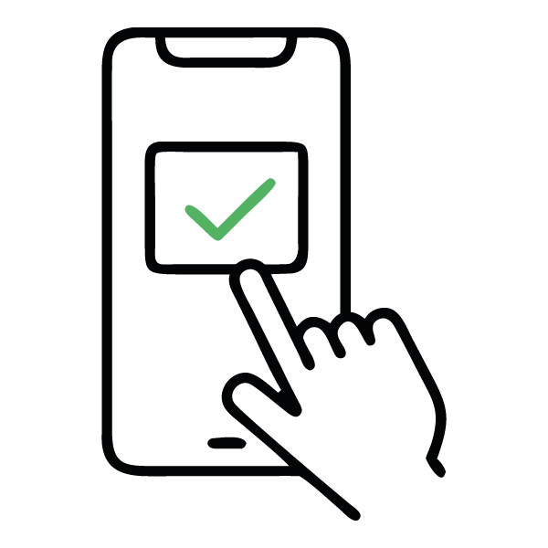 A hand moves to touch a screen with a verified checkmark inside
