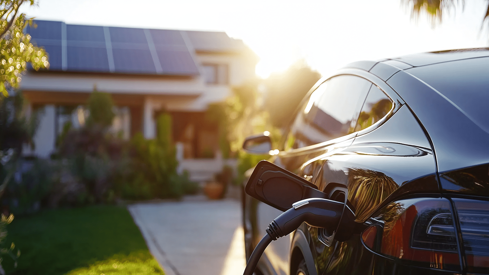 Electric vehicle charges in driveway