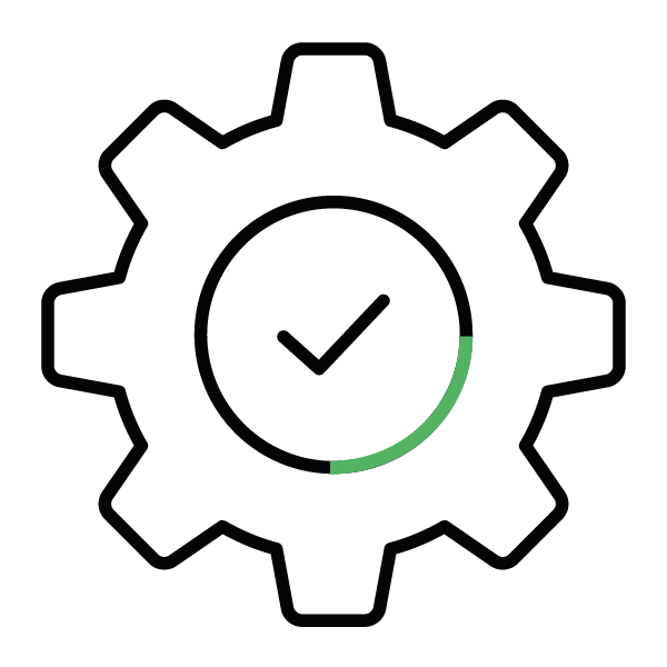 A mechanical gear with a checkmark inside